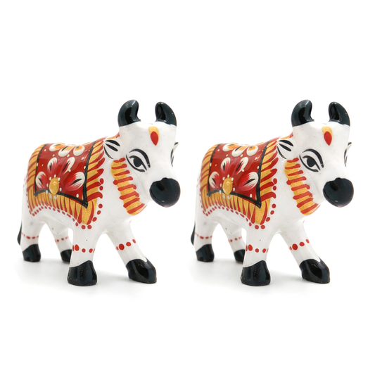 Traditional Rajasthani Minakari Hand-Painted Metal Cow Figurine