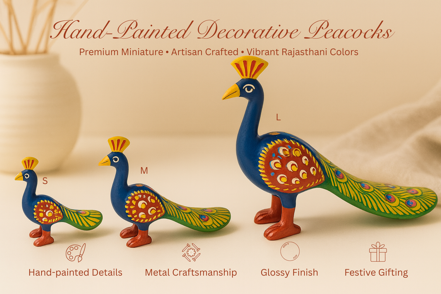 Rajasthani Miniature Hand-Painted Metal Minakari Peacock Figurine