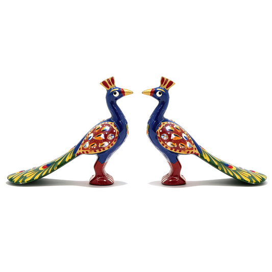 Rajasthani Miniature Hand-Painted Metal Minakari Peacock Figurine